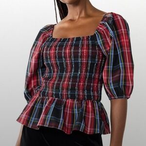 Draper James Plaid Smocked Academic Preppy Square Neck Puff Sleeve Top Size XL
